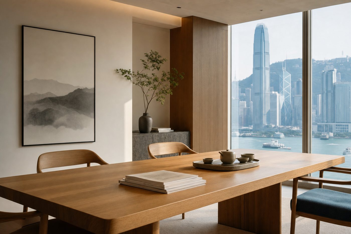 A calm, minimalist consultancy meeting room in Hong Kong with warm wood and a harbour view