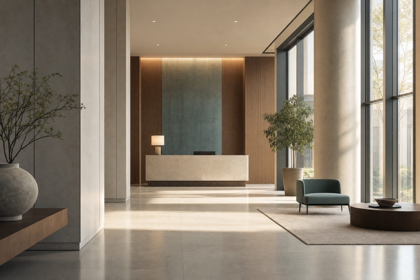 A calm refined office lobby representing banking credibility