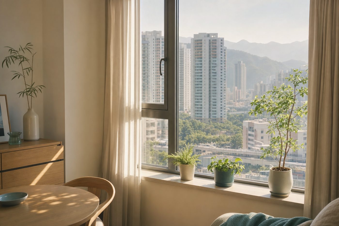 Sunlit apartment window over a Hong Kong neighbourhood