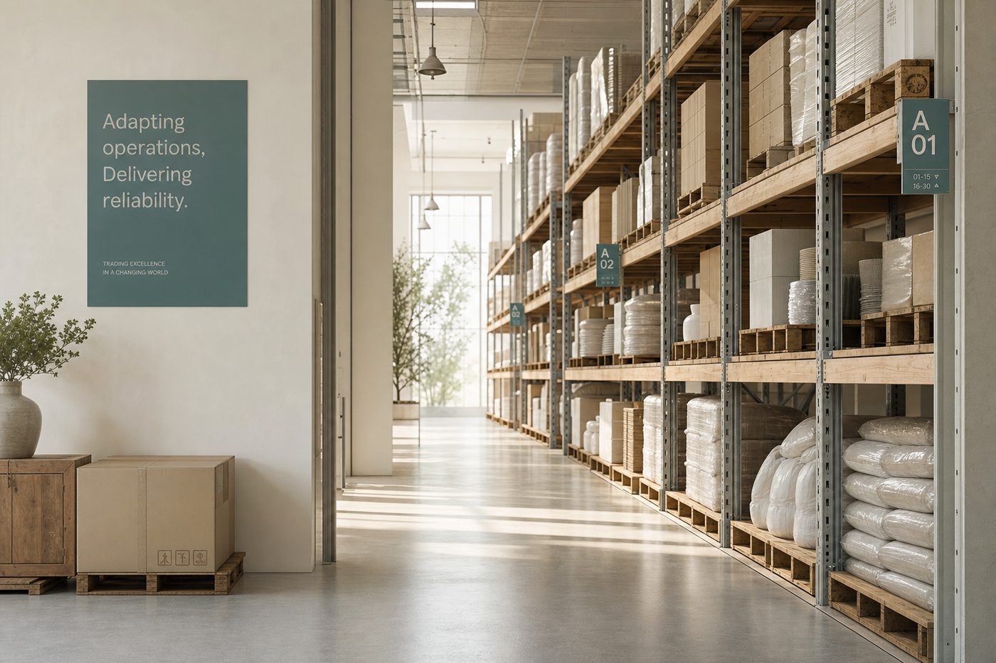 A calm, orderly modern logistics interior representing operational change