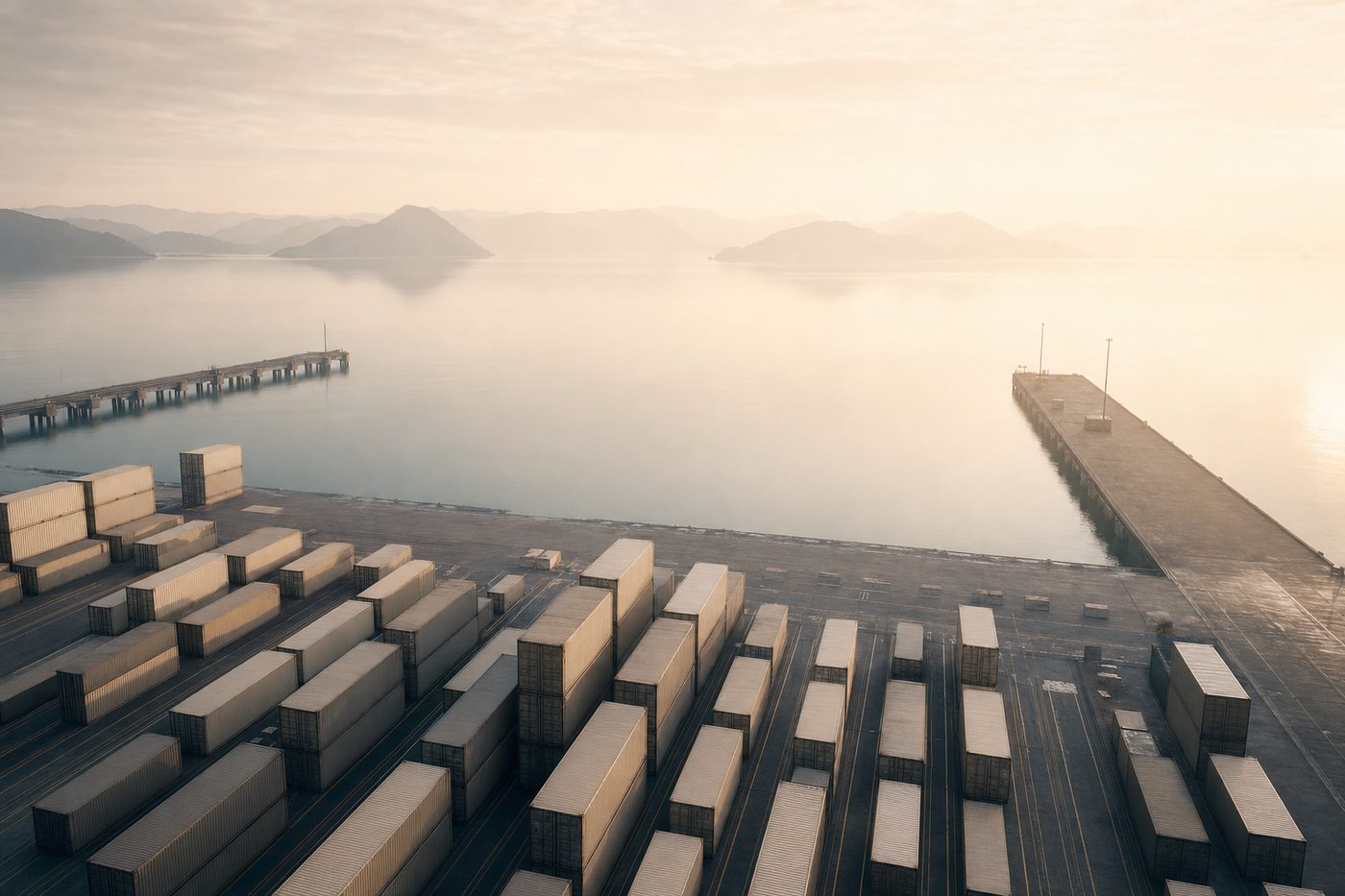 Calm container port at dawn