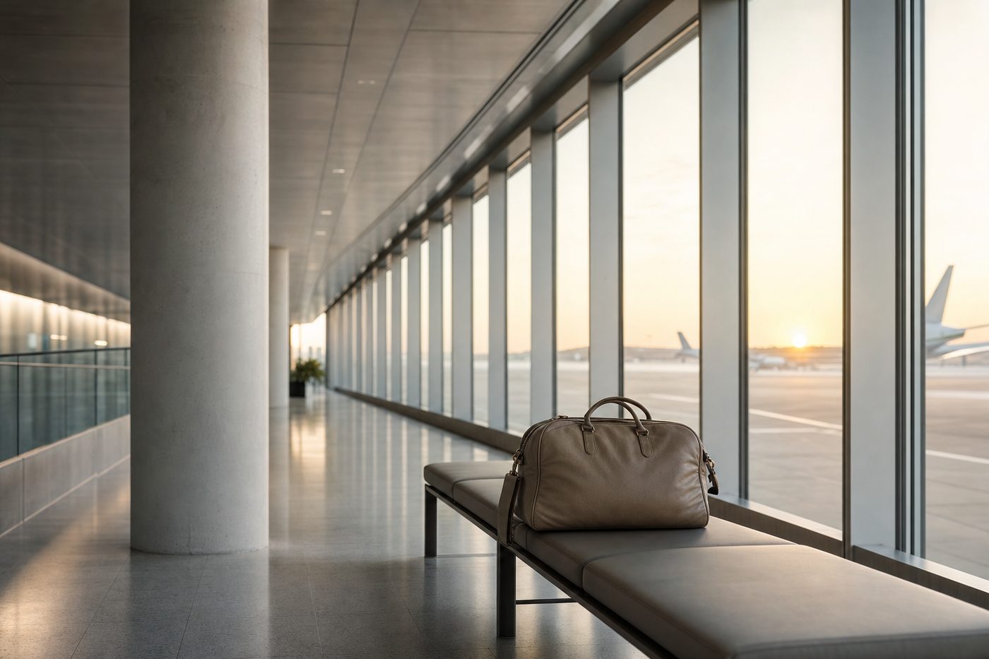 Quiet airport walkway at dawn with a travel bag