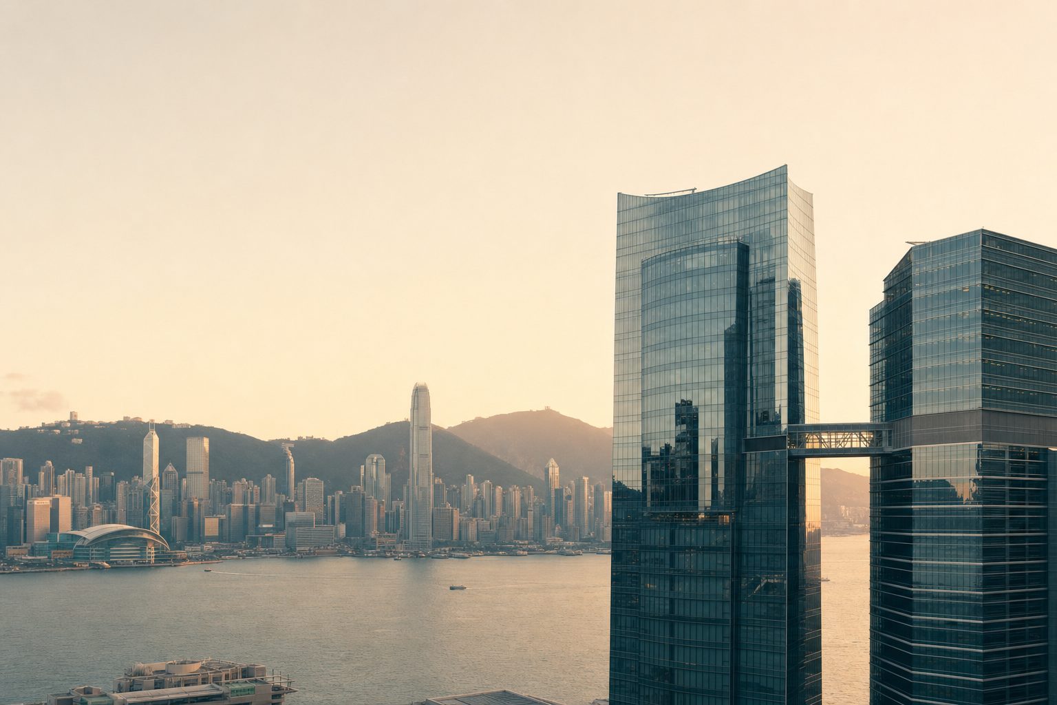 Hong Kong's harbour-front financial district at golden hour, with a sky-bridge linking two towers