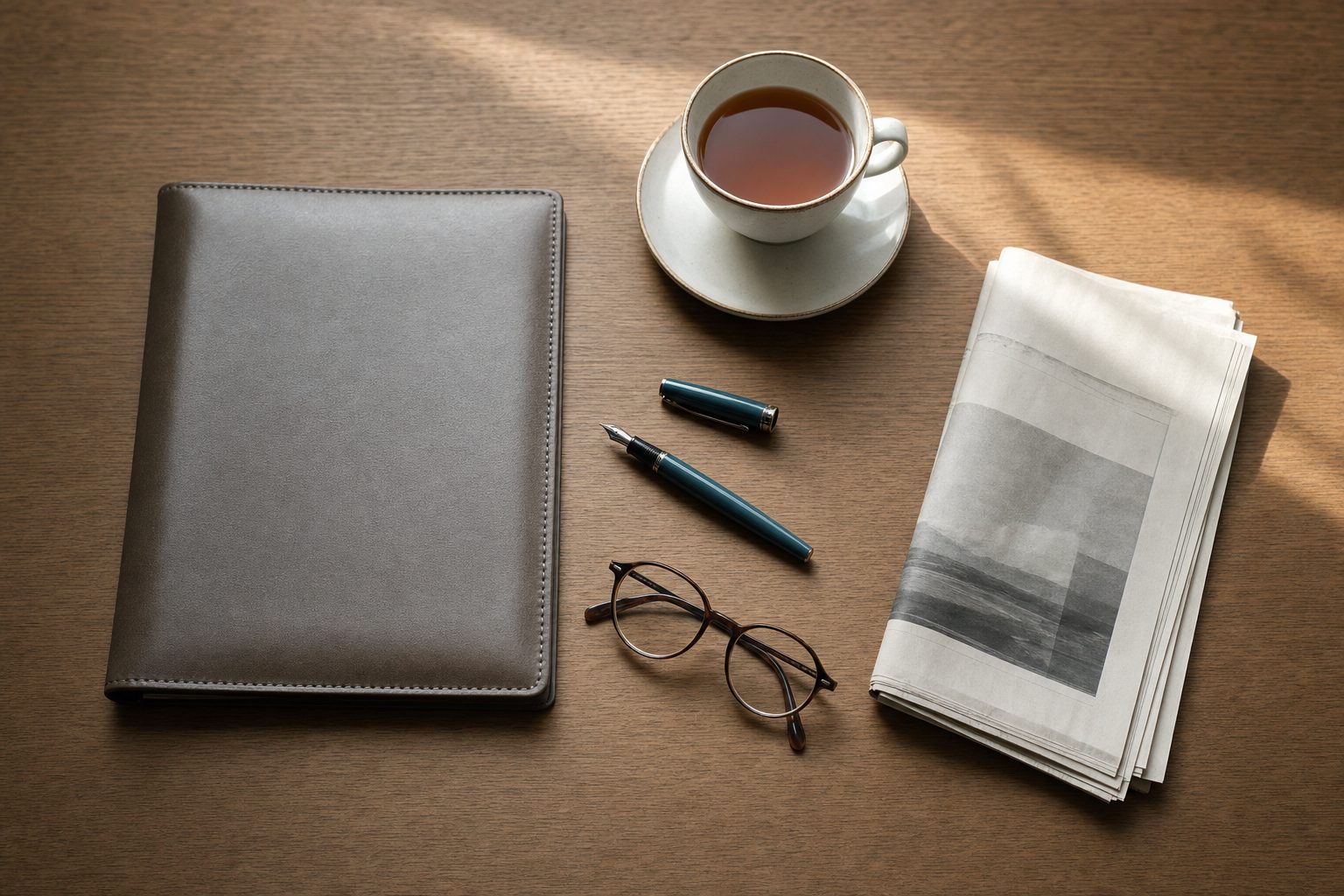 An advisor's desk with folder, pen and tea